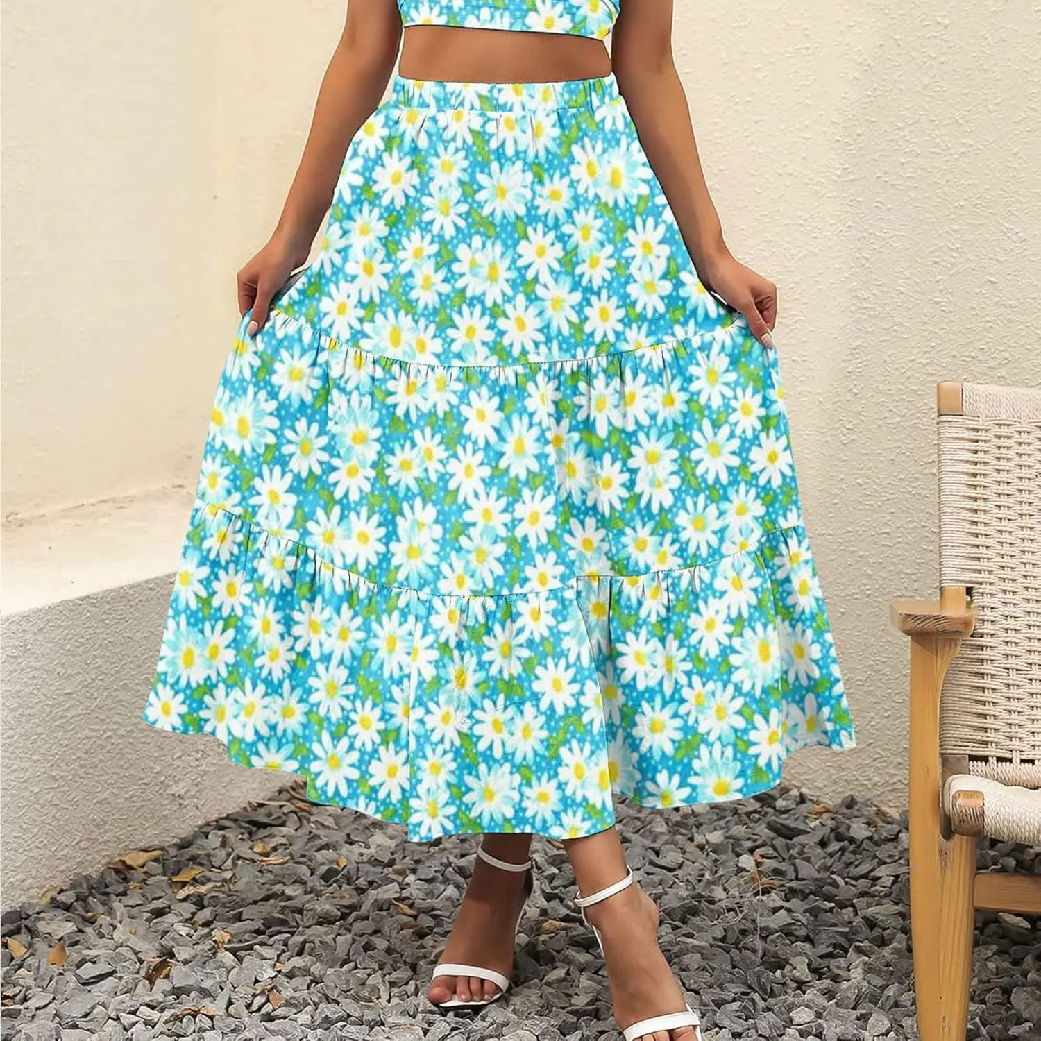 Boho Tiered Maxi Skirt Women Flowy Summer Beach Skirts Elastic Waistband Midi Skirt Floral Pleated A Line Skirt with Pockets