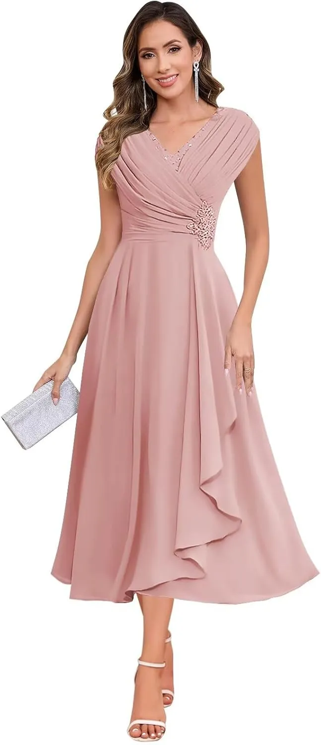 BOLENSYE Mother of The Bride Dresses for Wedding Cap Sleeve Lace Chiffon Mother of The Groom Formal Dress for Women