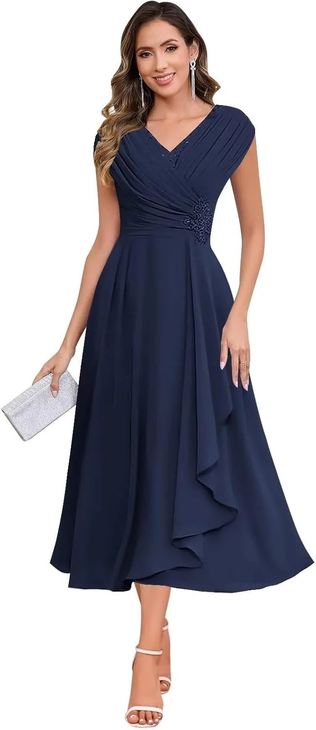 BOLENSYE Mother of The Bride Dresses for Wedding Cap Sleeve Lace Chiffon Mother of The Groom Formal Dress for Women