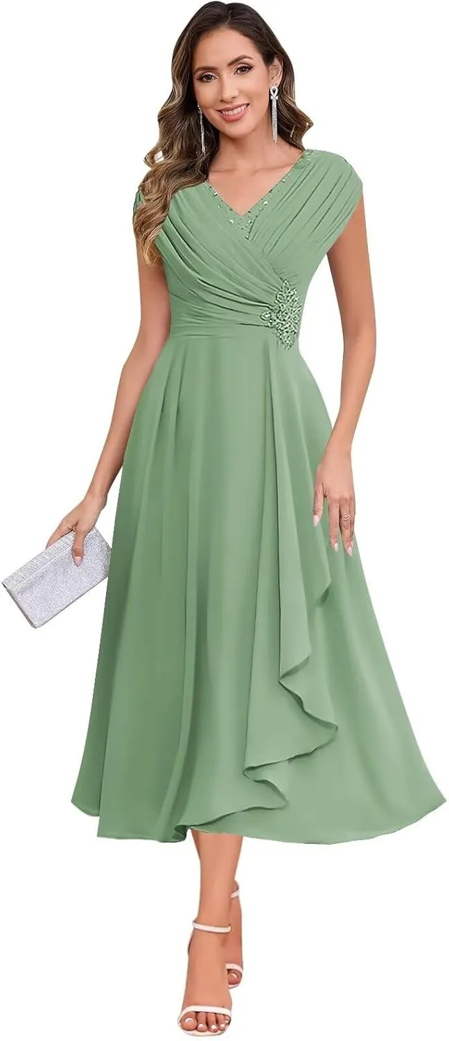 BOLENSYE Mother of The Bride Dresses for Wedding Cap Sleeve Lace Chiffon Mother of The Groom Formal Dress for Women