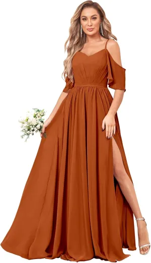 BOLENSYE Women's Off The Shoulder Bridesmaid Dresses Long with Slit Chiffon A-Line Formal Evening Gown