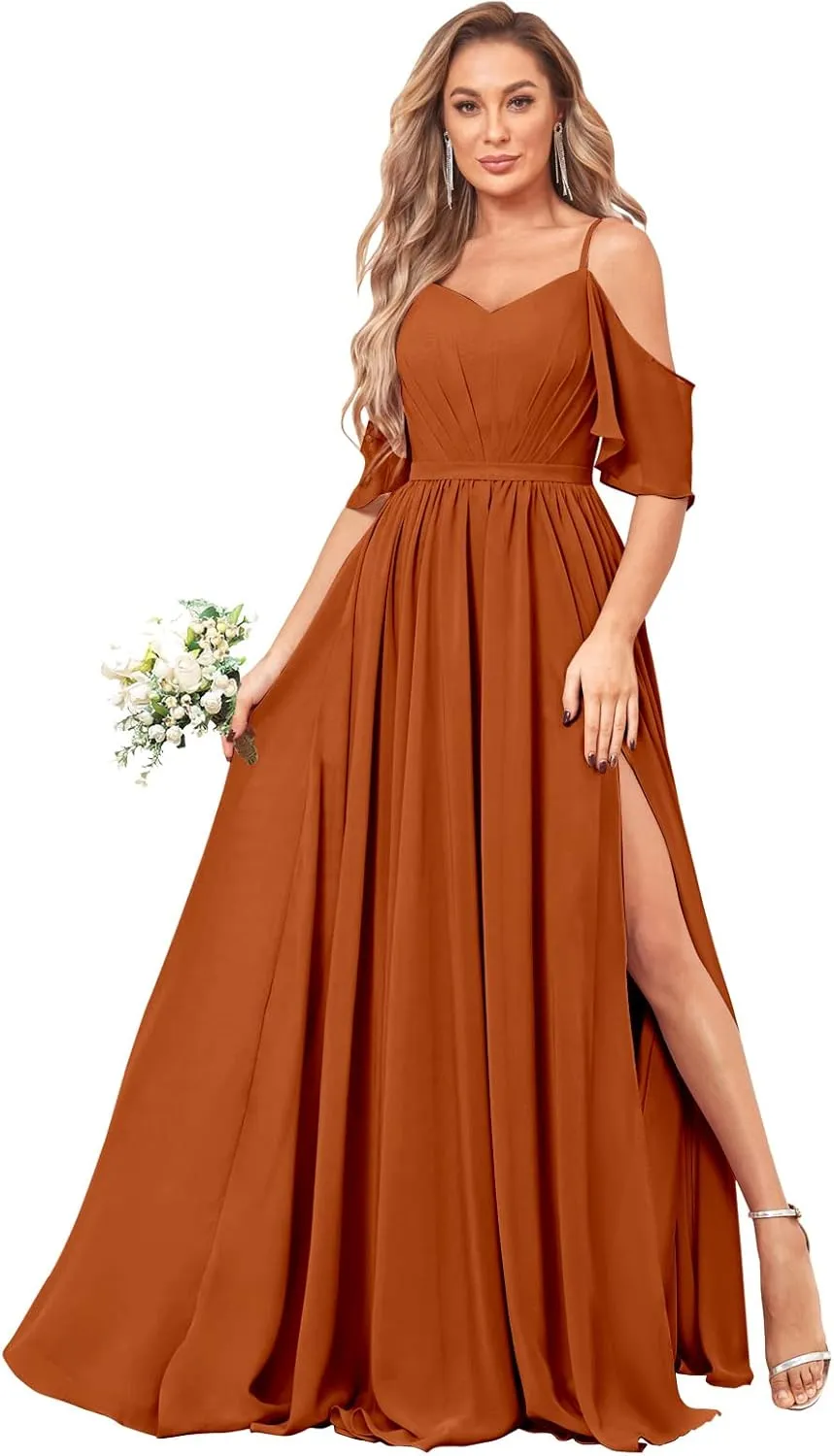 BOLENSYE Women's Off The Shoulder Bridesmaid Dresses Long with Slit Chiffon A-Line Formal Evening Gown