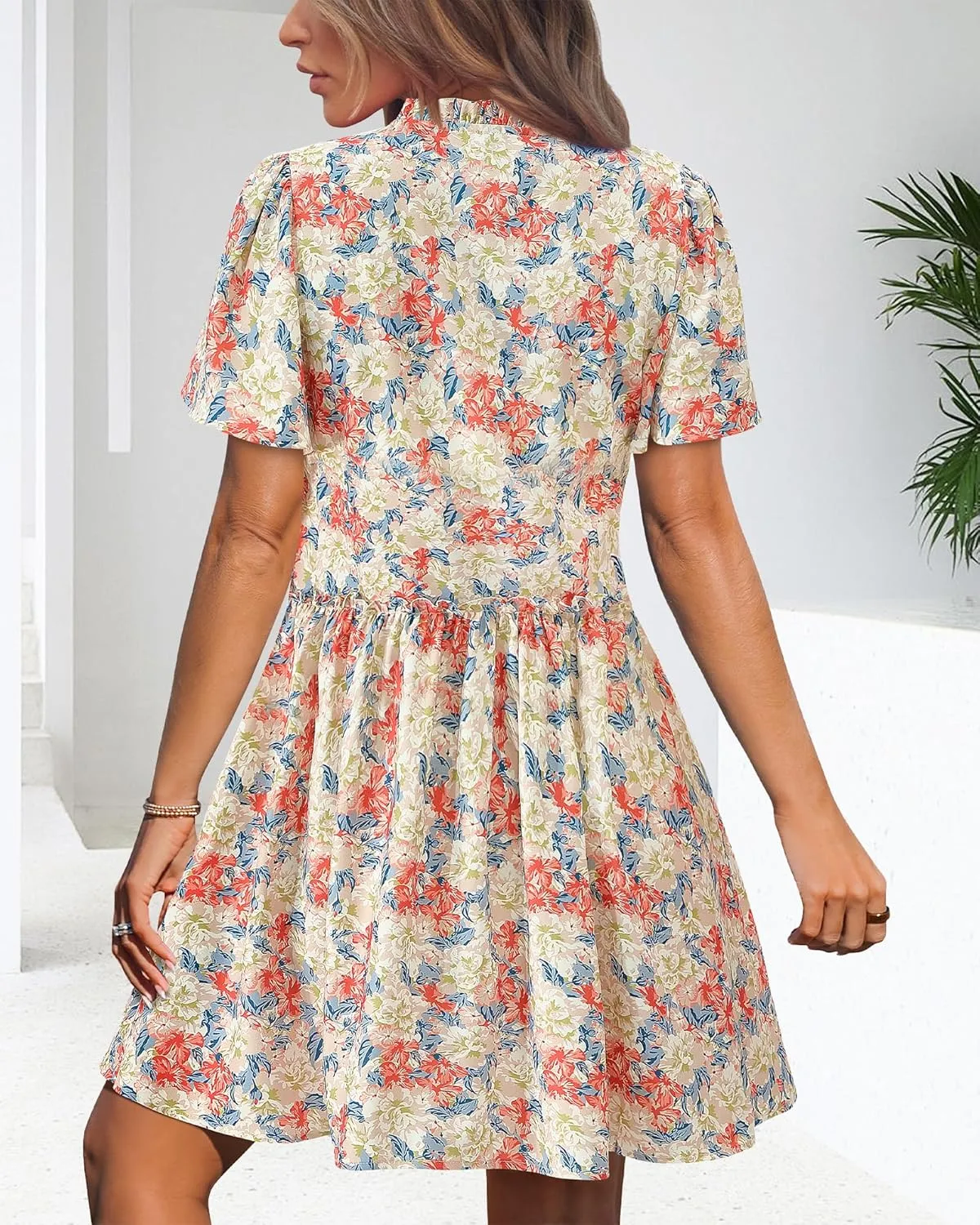 BTFBM Women Summer Dresses 2025 Short Sleeve V Neck Tiered Ruffle Boho Swing Dress A-Line Floral Mini Dresses