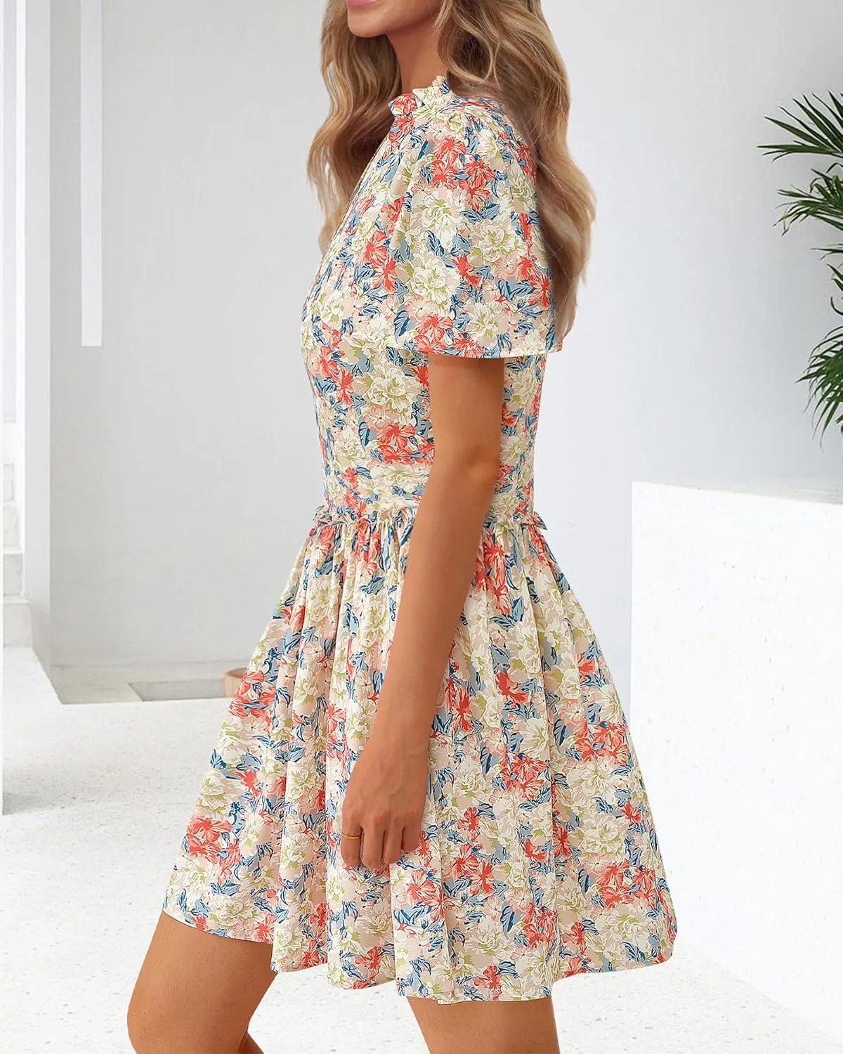 BTFBM Women Summer Dresses 2025 Short Sleeve V Neck Tiered Ruffle Boho Swing Dress A-Line Floral Mini Dresses