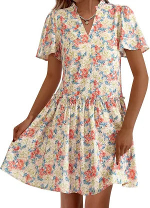 BTFBM Women Summer Dresses 2025 Short Sleeve V Neck Tiered Ruffle Boho Swing Dress A-Line Floral Mini Dresses