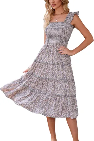 BTFBM Womens Summer Boho Smocked Beach Dresses Sleeveless Shoulder Strap Floral Flowy Tiered Party Midi Casual Sundress