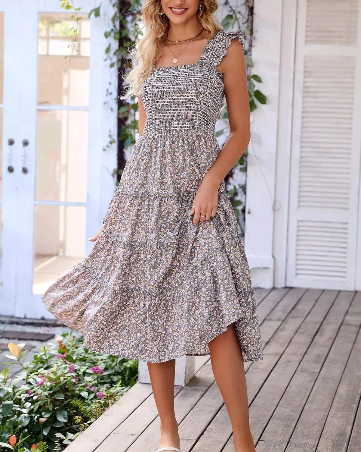 BTFBM Womens Summer Boho Smocked Beach Dresses Sleeveless Shoulder Strap Floral Flowy Tiered Party Midi Casual Sundress