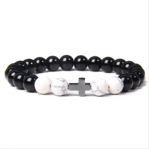 Buddhism Prayer Cross Bracelets Men Natural Healing Energy polihsed amethysts pulsera Women Black Onyx Bangle 19cm Vermeil