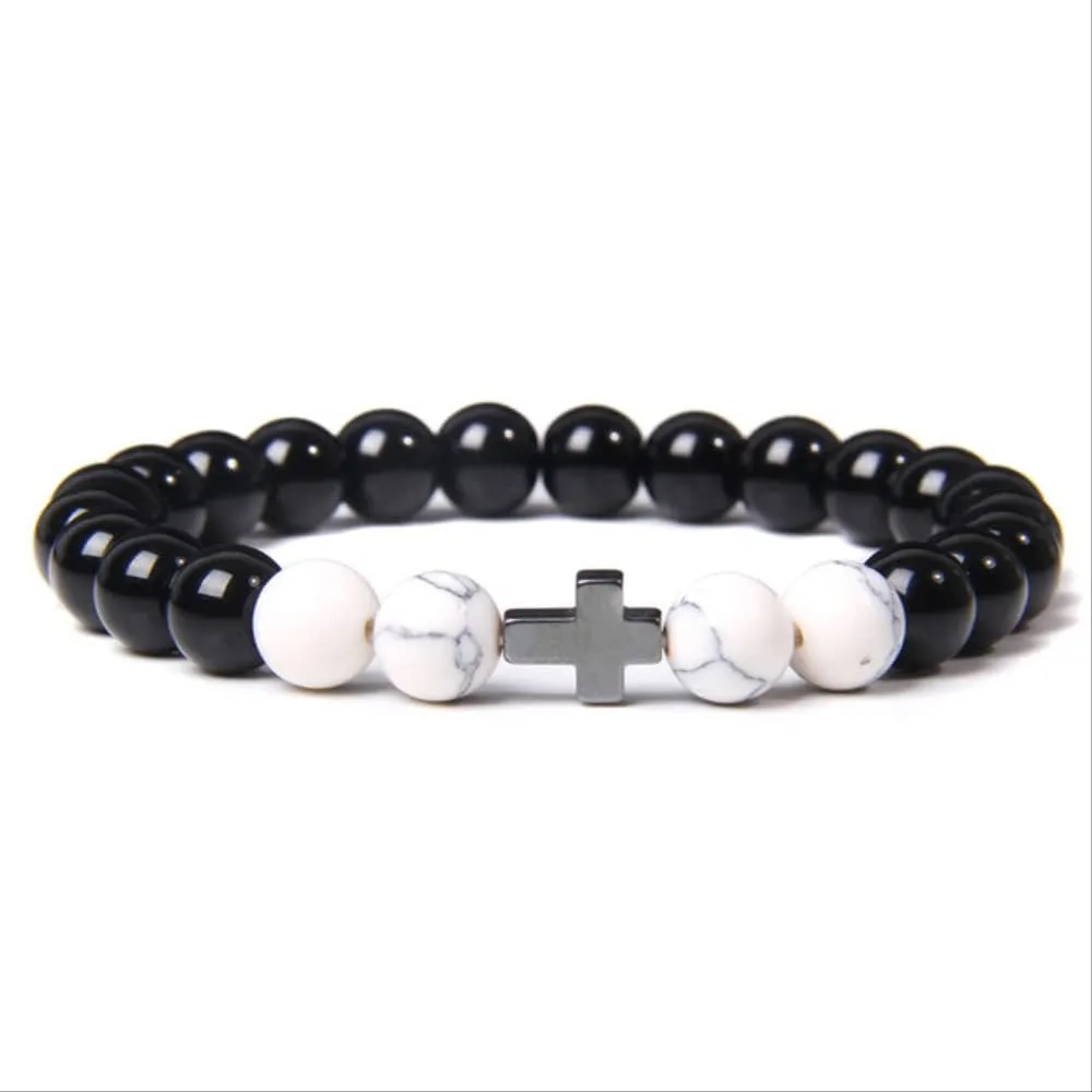 Buddhism Prayer Cross Bracelets Men Natural Healing Energy Polihsed Amethysts Pulsera Women Black Onyx Bangle 21cm Vermeil