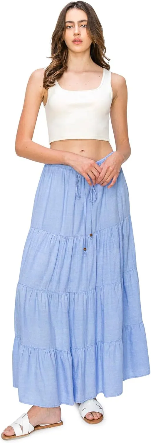 Cali1850 Women's XS~XL Lined Tiered Elastic Waist Linen Flare Maxi Skirt