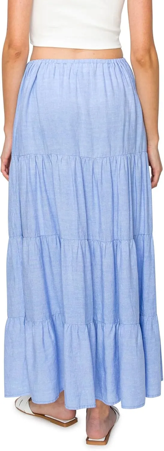 Cali1850 Women's XS~XL Lined Tiered Elastic Waist Linen Flare Maxi Skirt