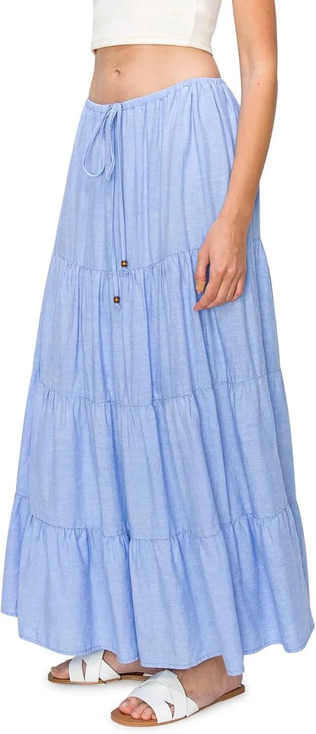 Cali1850 Women's XS~XL Lined Tiered Elastic Waist Linen Flare Maxi Skirt