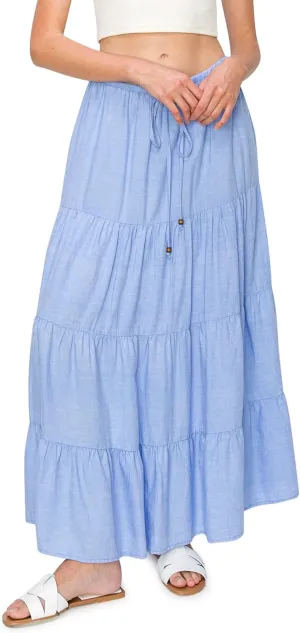 Cali1850 Women's XS~XL Lined Tiered Elastic Waist Linen Flare Maxi Skirt