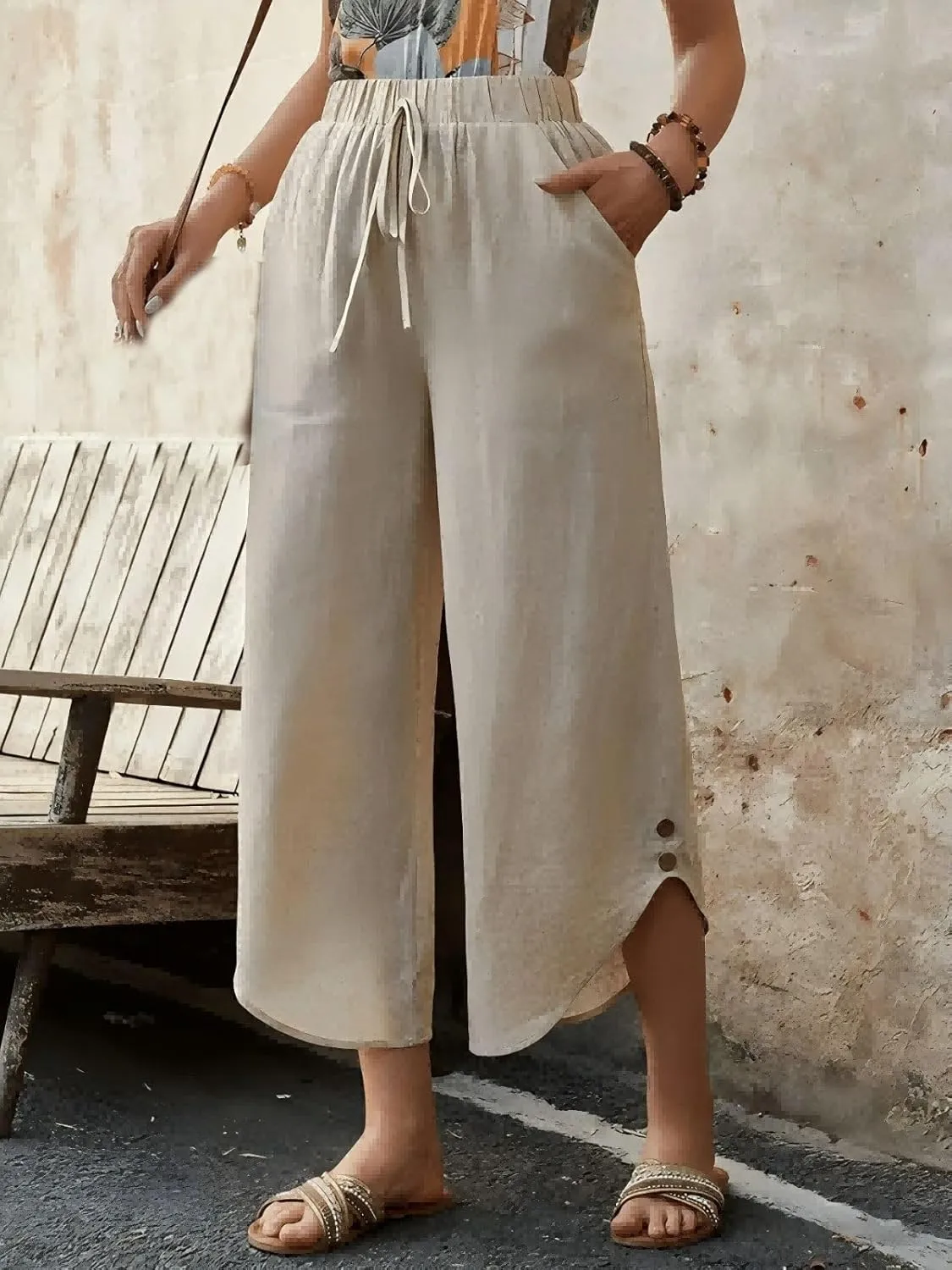 Capris Pants for Women Summer Cotton Linen Palazzo Pants Casual Flowy High Waisted Drawstring Trousers with Pockets
