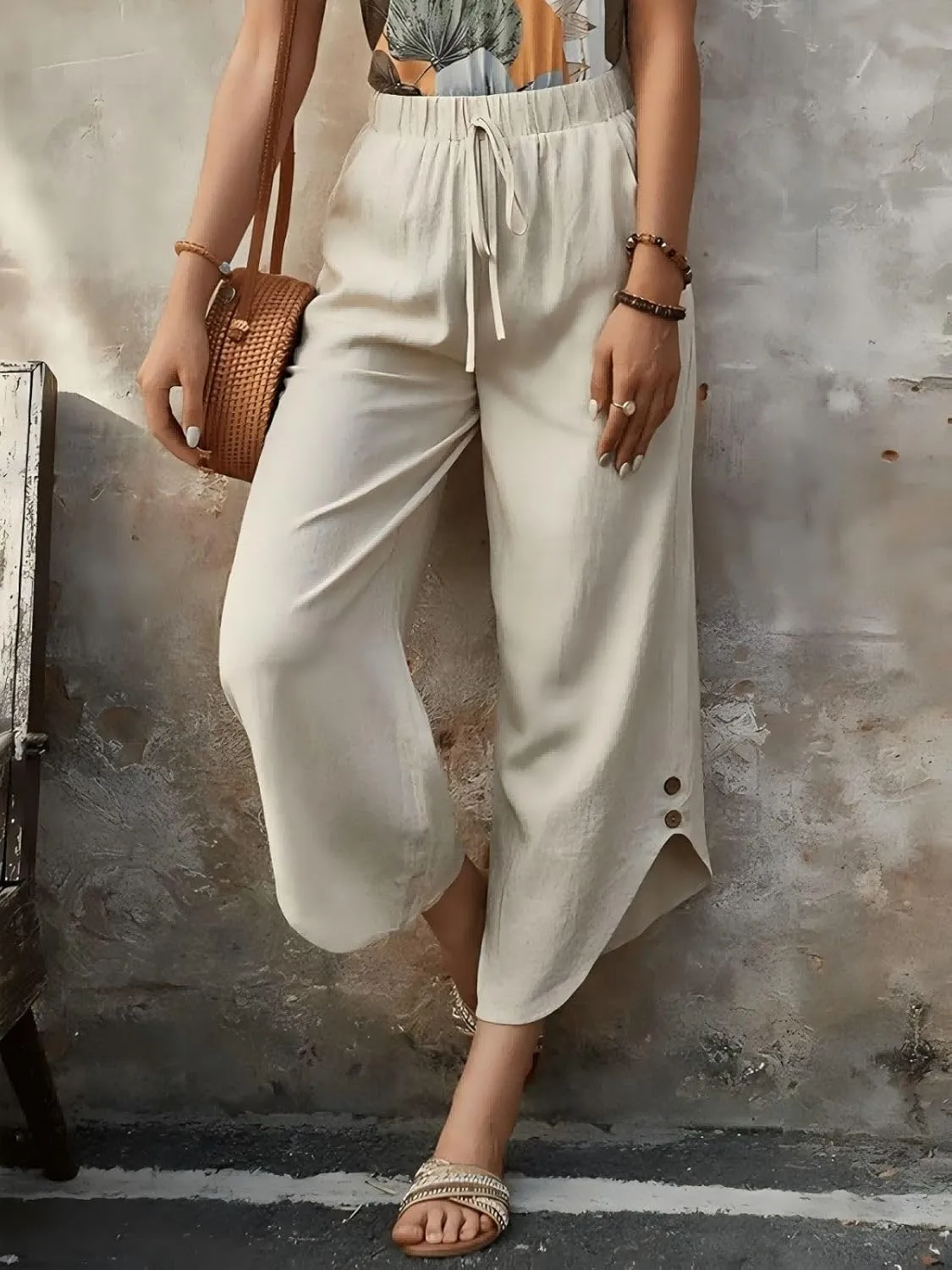 Capris Pants for Women Summer Cotton Linen Palazzo Pants Casual Flowy High Waisted Drawstring Trousers with Pockets