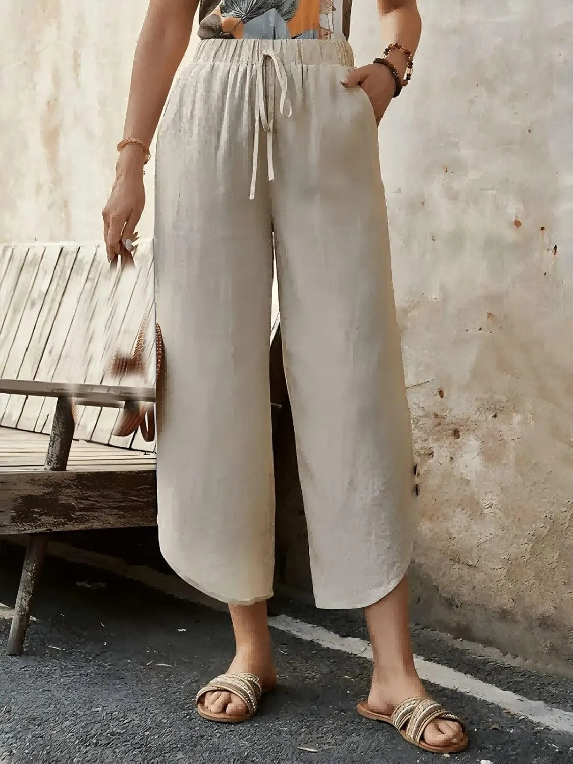 Capris Pants for Women Summer Cotton Linen Palazzo Pants Casual Flowy High Waisted Drawstring Trousers with Pockets
