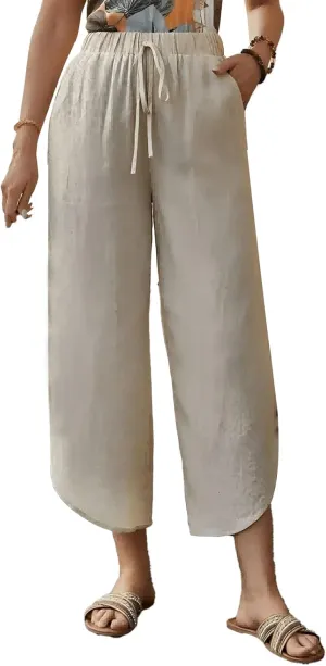 Capris Pants for Women Summer Cotton Linen Palazzo Pants Casual Flowy High Waisted Drawstring Trousers with Pockets