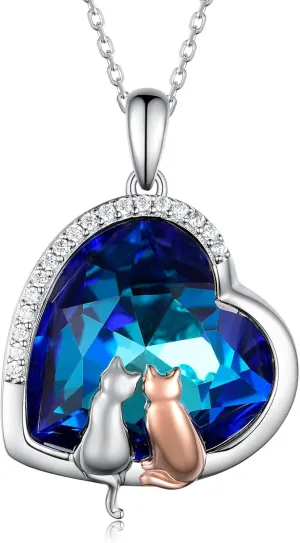 Cat Heart Necklace for Women,925 Sterling Silver Created Crystal Double Cat Necklaces,Eternal Love Heart Jewelry Birthday Gifts for Women,18''-20''