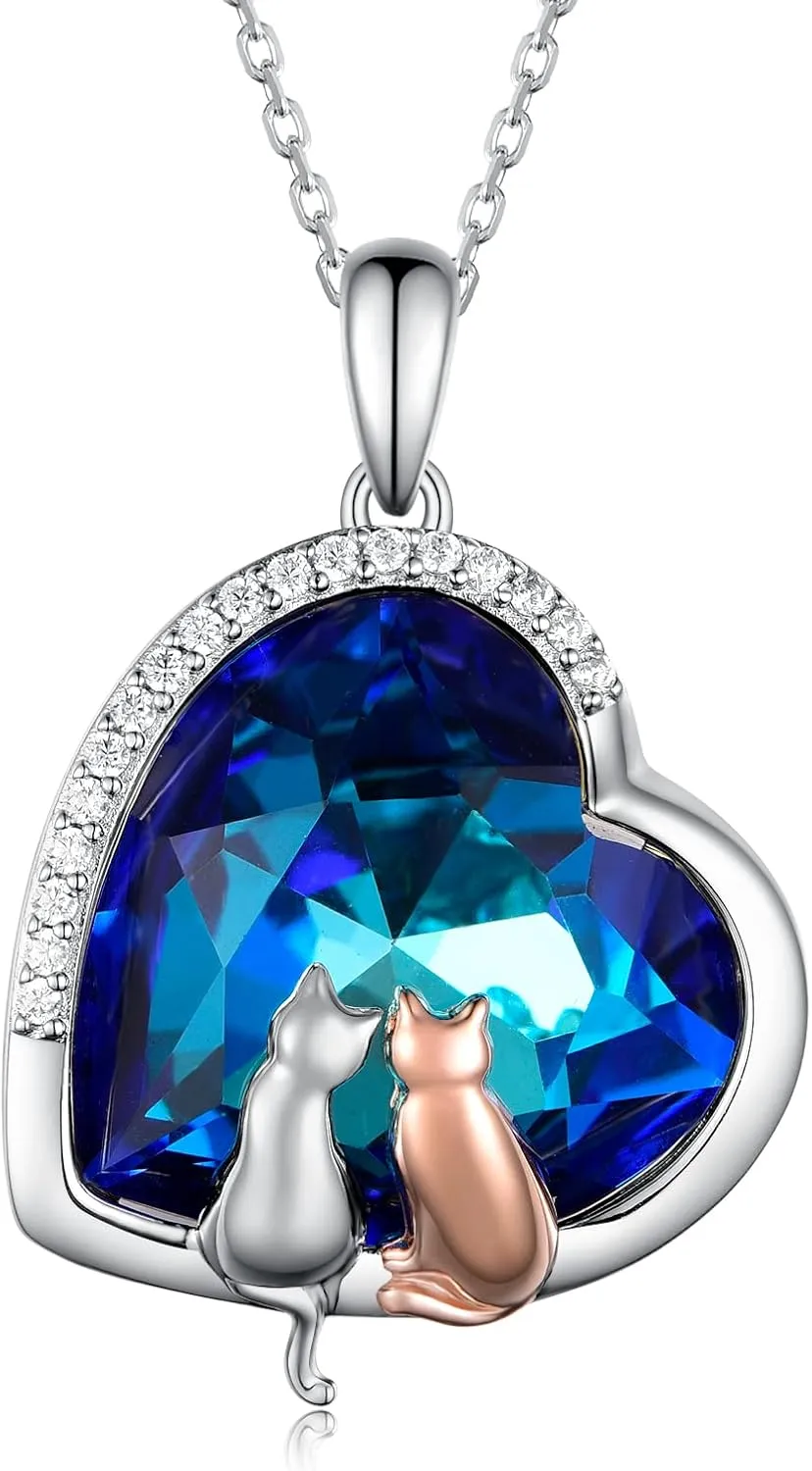 Cat Heart Necklace for Women,925 Sterling Silver Created Crystal Double Cat Necklaces,Eternal Love Heart Jewelry Birthday Gifts for Women,18''-20''