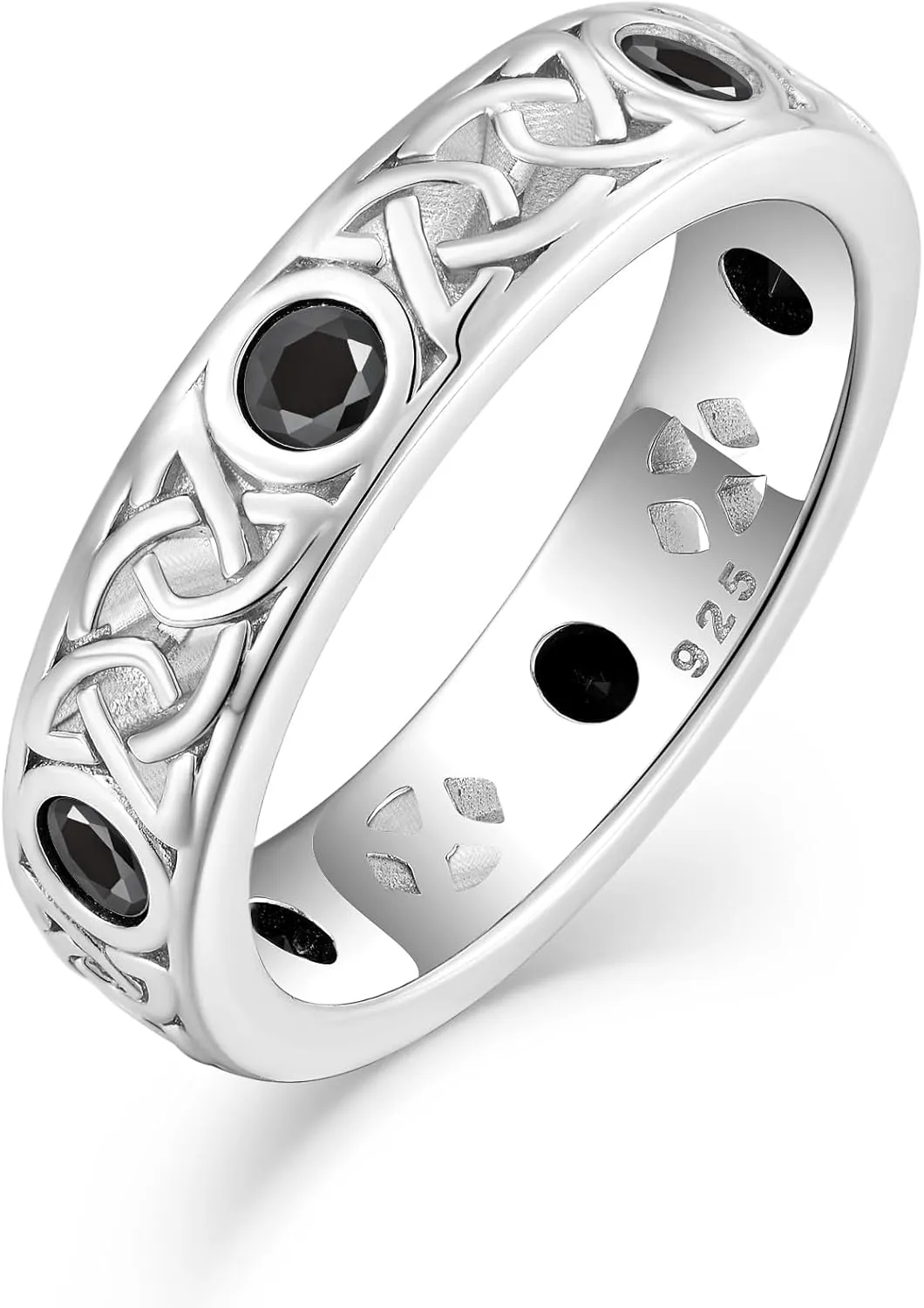 Celtic Trinity Knot 925 Sterling Silver Promise Rings for Men, 3A Cubic Zirconia Black Spinel Sapphire Irish Band Rings for Anniversary Engagement, Size 7-12