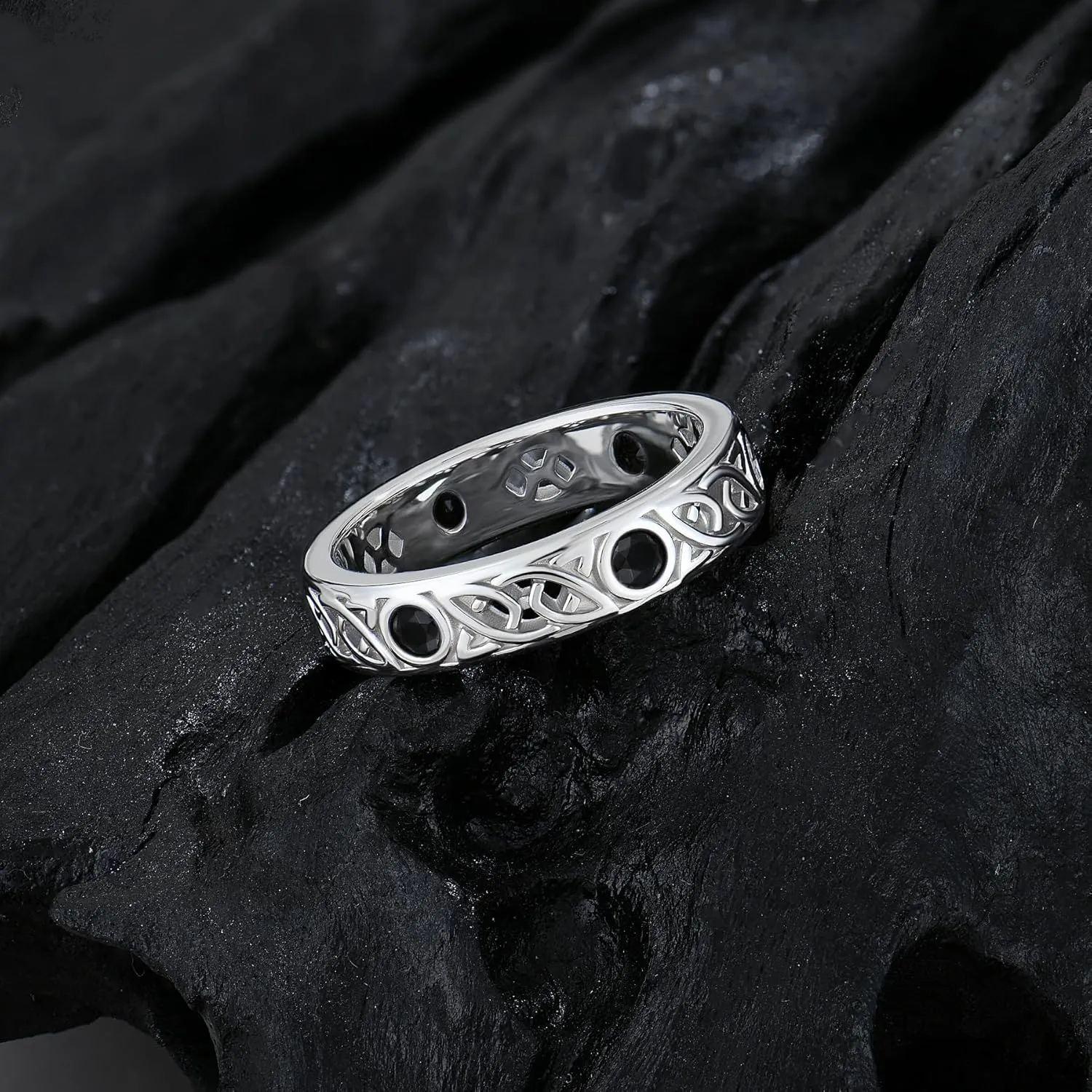 Celtic Trinity Knot 925 Sterling Silver Promise Rings for Men, 3A Cubic Zirconia Black Spinel Sapphire Irish Band Rings for Anniversary Engagement, Size 7-12