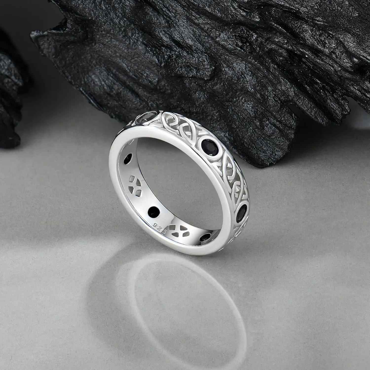 Celtic Trinity Knot 925 Sterling Silver Promise Rings for Men, 3A Cubic Zirconia Black Spinel Sapphire Irish Band Rings for Anniversary Engagement, Size 7-12