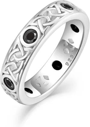 Celtic Trinity Knot 925 Sterling Silver Promise Rings for Men, 3A Cubic Zirconia Black Spinel Sapphire Irish Band Rings for Anniversary Engagement, Size 7-12