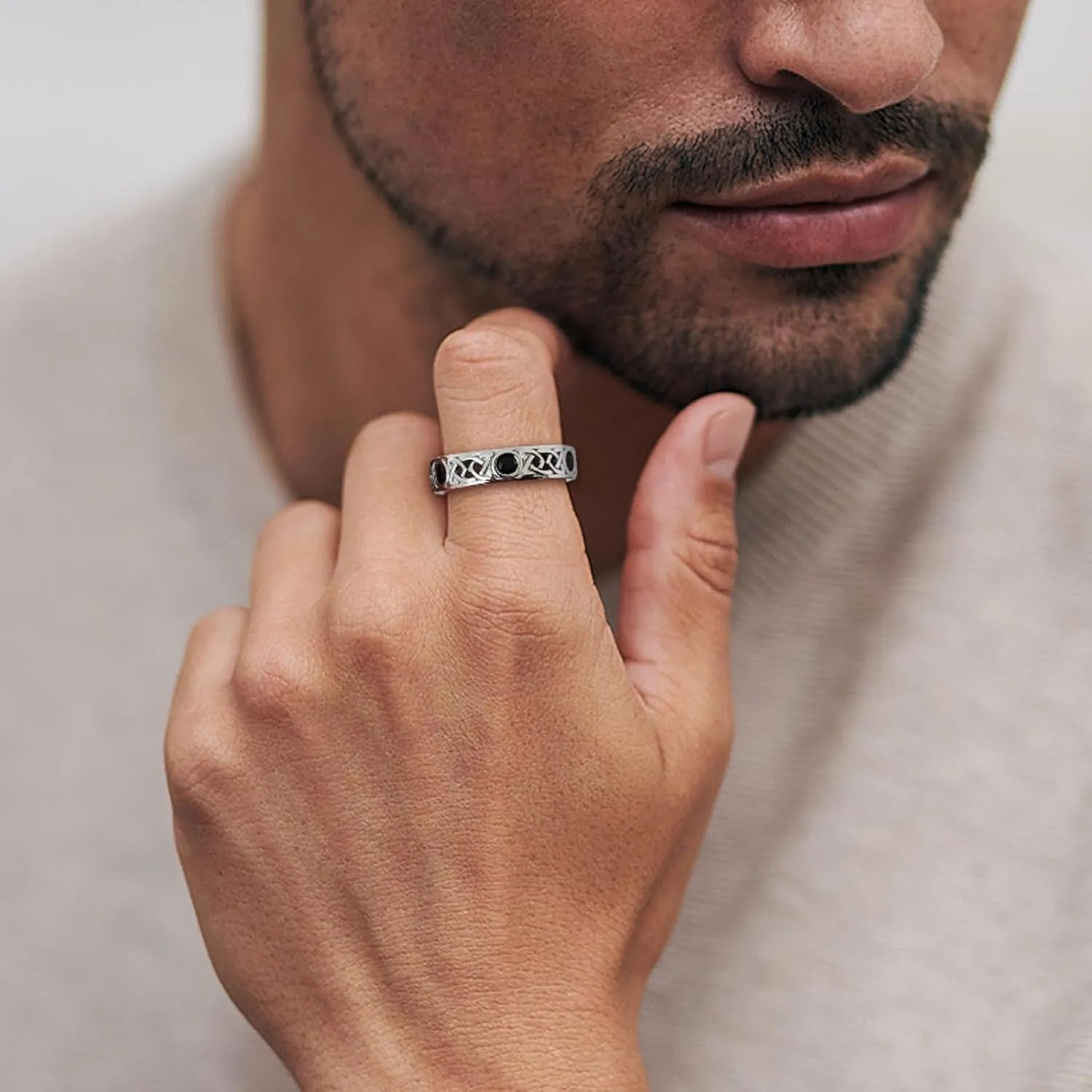 Celtic Trinity Knot 925 Sterling Silver Promise Rings for Men, 3A Cubic Zirconia Black Spinel Sapphire Irish Band Rings for Anniversary Engagement, Size 7-12