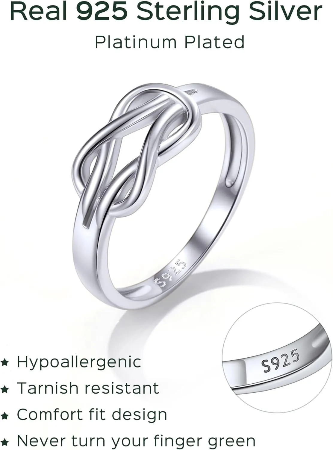 ChicSilver 925 Sterling Silver Rings for Women Love Knot Promise Ring Hypoallergenic Eternity Ring for Women Rings Size 4-12