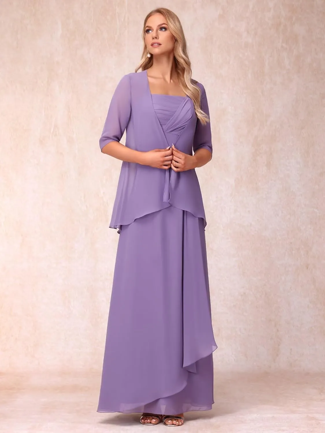 Chiffon 2 Pieces Mother of The Bride Dresses 3/4 Sleeve Formal Evening Dress with Jacket 2025 Hi005