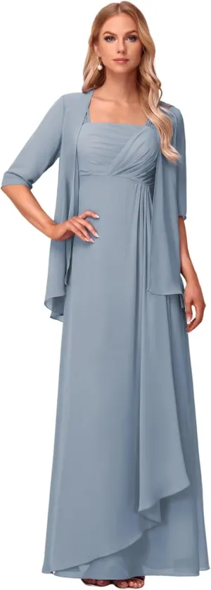 Chiffon 2 Pieces Mother of The Bride Dresses 3/4 Sleeve Formal Evening Dress with Jacket 2025 Hi005