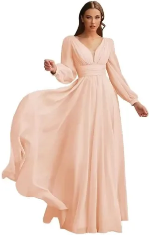 Chiffon Bridesmaid Dresses Long Pleated for Women V Neck Formal Party Maxi Gown with Long Puffy Sleeves DR0109
