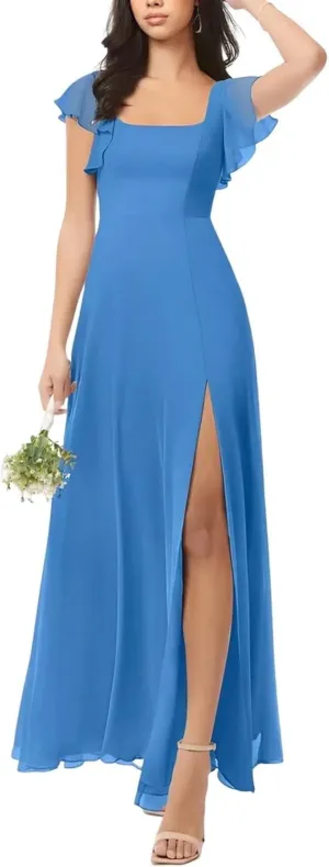 Chiffon Bridesmaid Dresses Long with Slit Short Sleeve Formal Wedding Guest Dress for Women