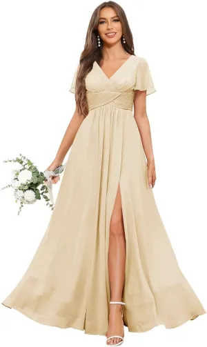 Chiffon Bridesmaid Dresses with Slit Short Sleeves V Neck Long Formal Evening Gowns with Pockets