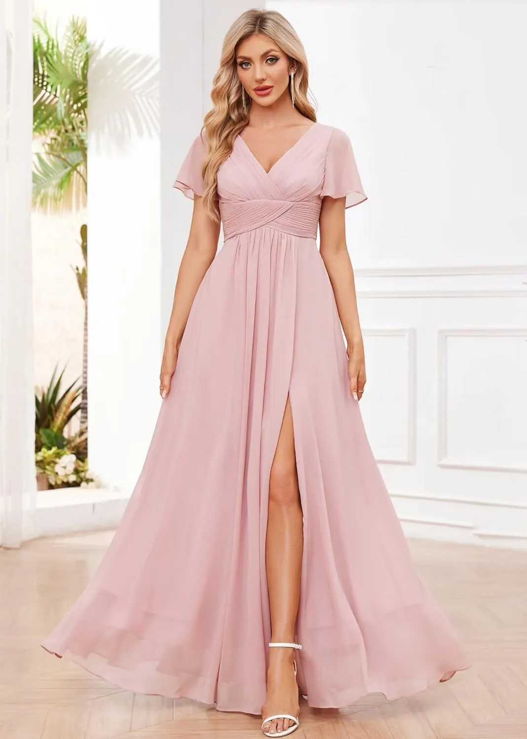 Chiffon Bridesmaid Dresses with Slit Short Sleeves V Neck Long Formal Evening Gowns with Pockets