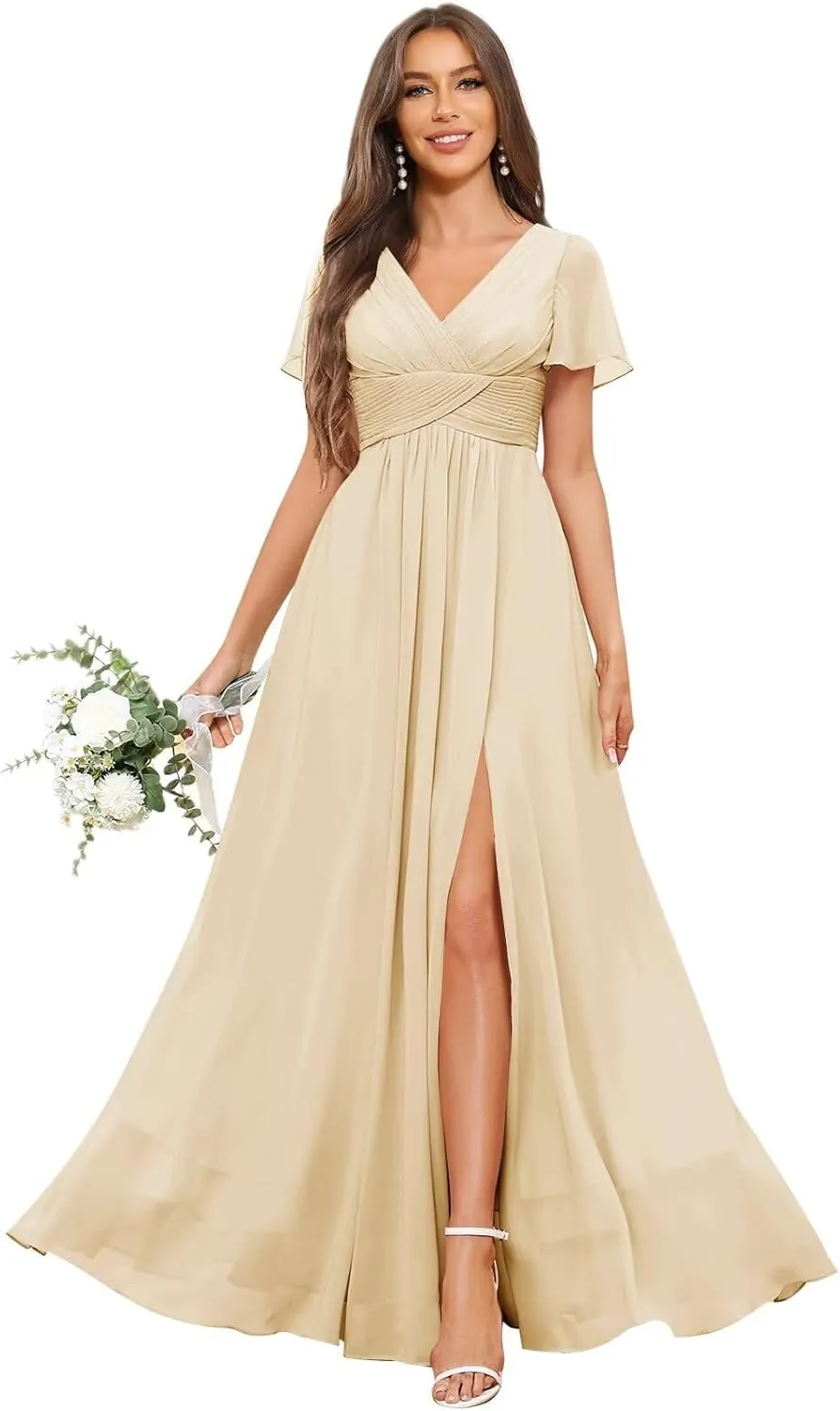 Chiffon Bridesmaid Dresses with Slit Short Sleeves V Neck Long Formal Evening Gowns with Pockets