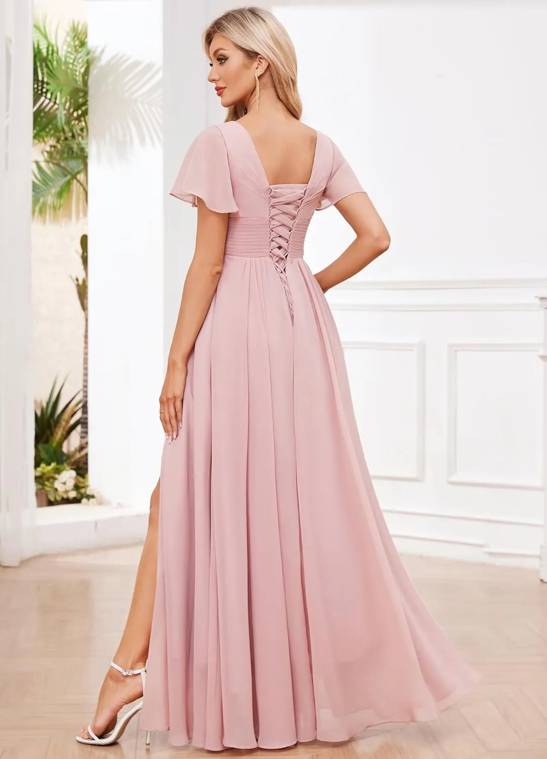 Chiffon Bridesmaid Dresses with Slit Short Sleeves V Neck Long Formal Evening Gowns with Pockets