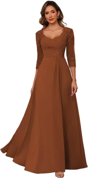 Chiffon Mother of Bride Dresses 2025 Lace Appliques 3/4 Sleeve Formal Dresses A Line Long Evening Prom Dress AU096