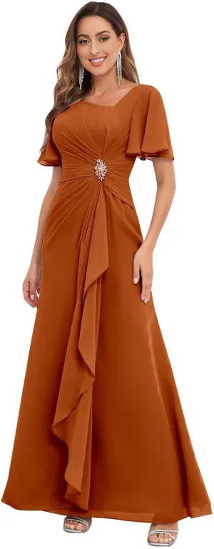 Chiffon Mother of The Bride Dresses Ruffle Sleeve Beaded A Line Long Formal Wedding Guest Dress