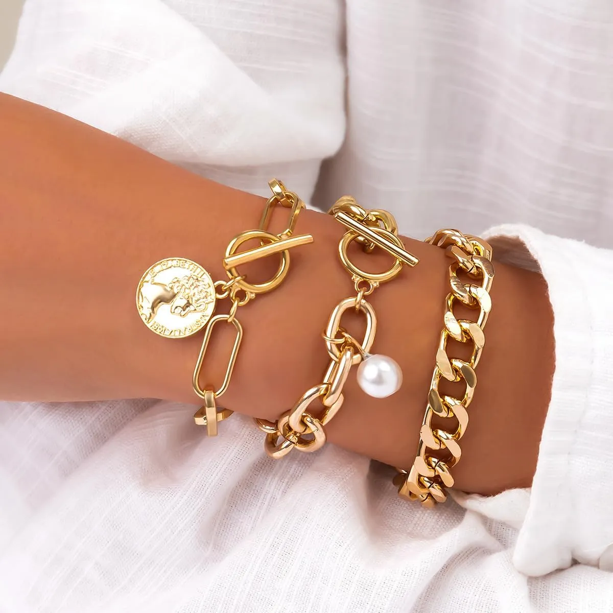 Chunky Gold Bracelets for Women Trendy Gold Chunky Stacked Pearl Bracelets Golden Pearl OT Clasp Bracelet Chain Portrait Pendant Bracelet Golden Jewelry Set Gift