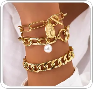 Chunky Gold Bracelets for Women Trendy Gold Chunky Stacked Pearl Bracelets Golden Pearl OT Clasp Bracelet Chain Portrait Pendant Bracelet Golden Jewelry Set Gift