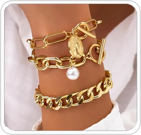 Chunky Gold Bracelets for Women Trendy Gold Chunky Stacked Pearl Bracelets Golden Pearl OT Clasp Bracelet Chain Portrait Pendant Bracelet Golden Jewelry Set Gift