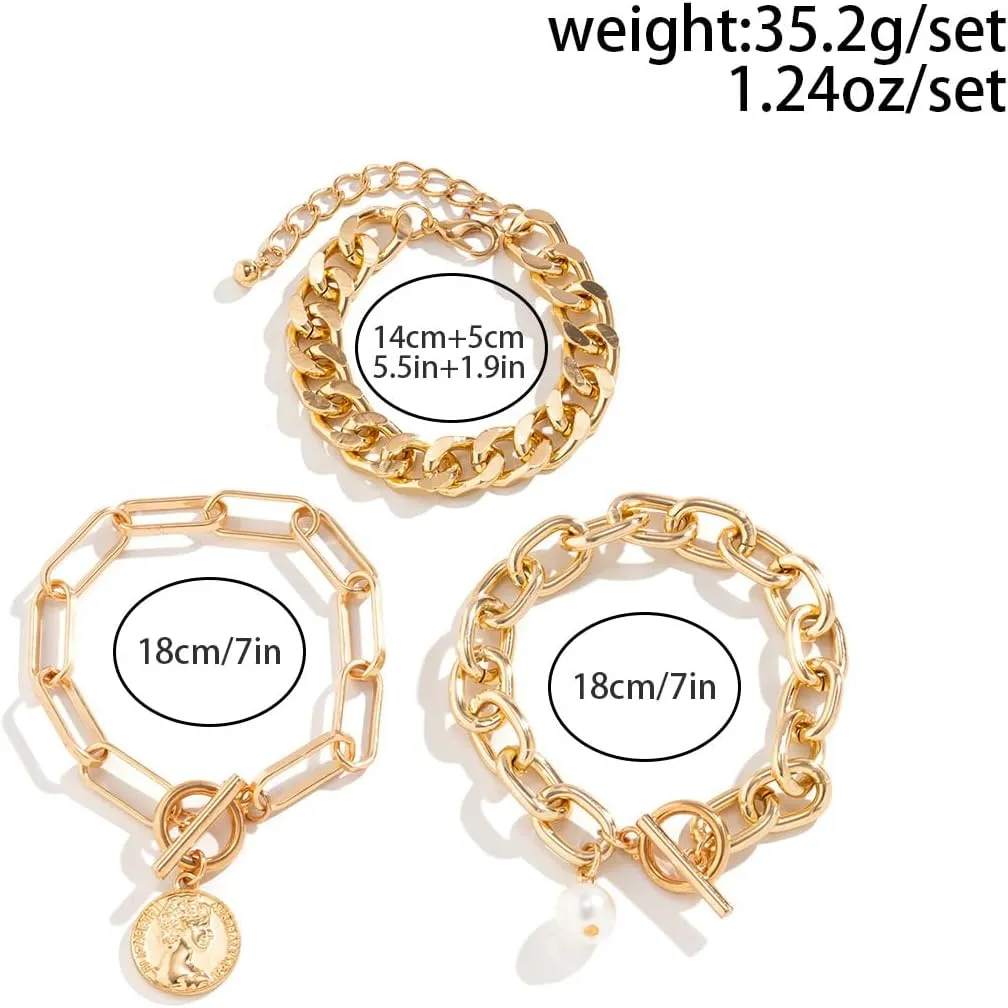 Chunky Gold Bracelets for Women Trendy Gold Chunky Stacked Pearl Bracelets Golden Pearl OT Clasp Bracelet Chain Portrait Pendant Bracelet Golden Jewelry Set Gift
