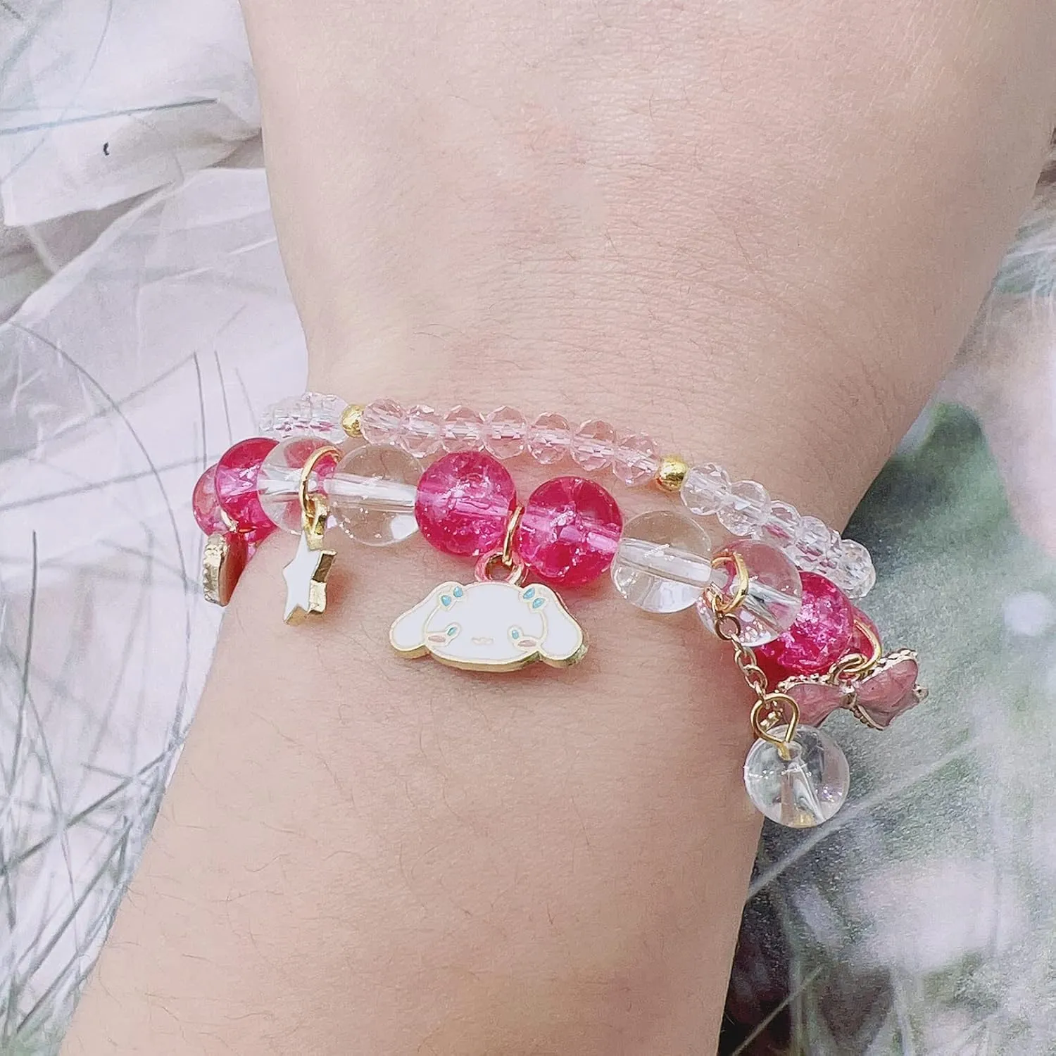 CJIAYUJEW Cute Bracelet Crystal Pearl Bracelets, Anime Elastic Stretch Crystal Bead Bracelet Lovely Cartoon Elastic Beaded Bracelets for Women
