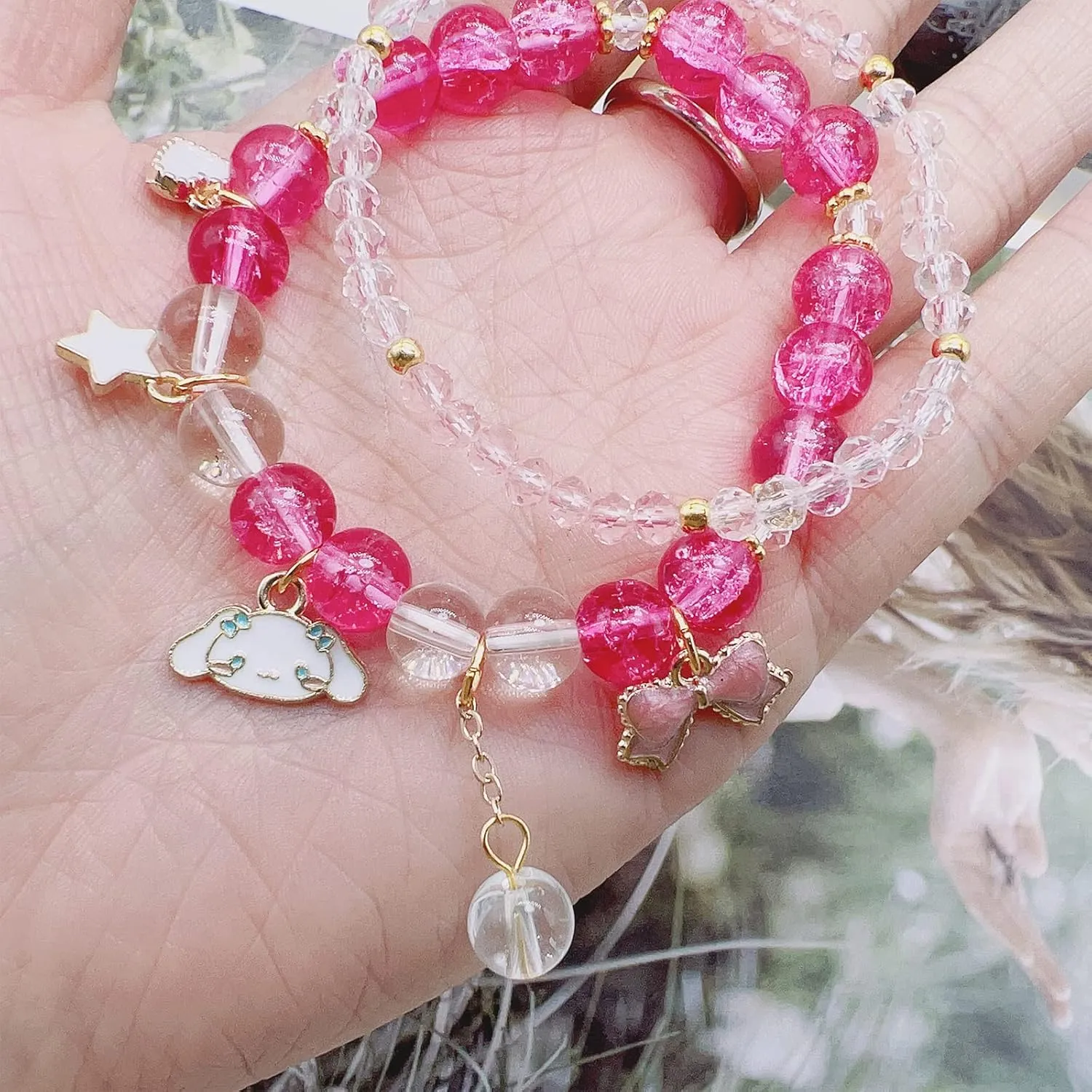 CJIAYUJEW Cute Bracelet Crystal Pearl Bracelets, Anime Elastic Stretch Crystal Bead Bracelet Lovely Cartoon Elastic Beaded Bracelets for Women