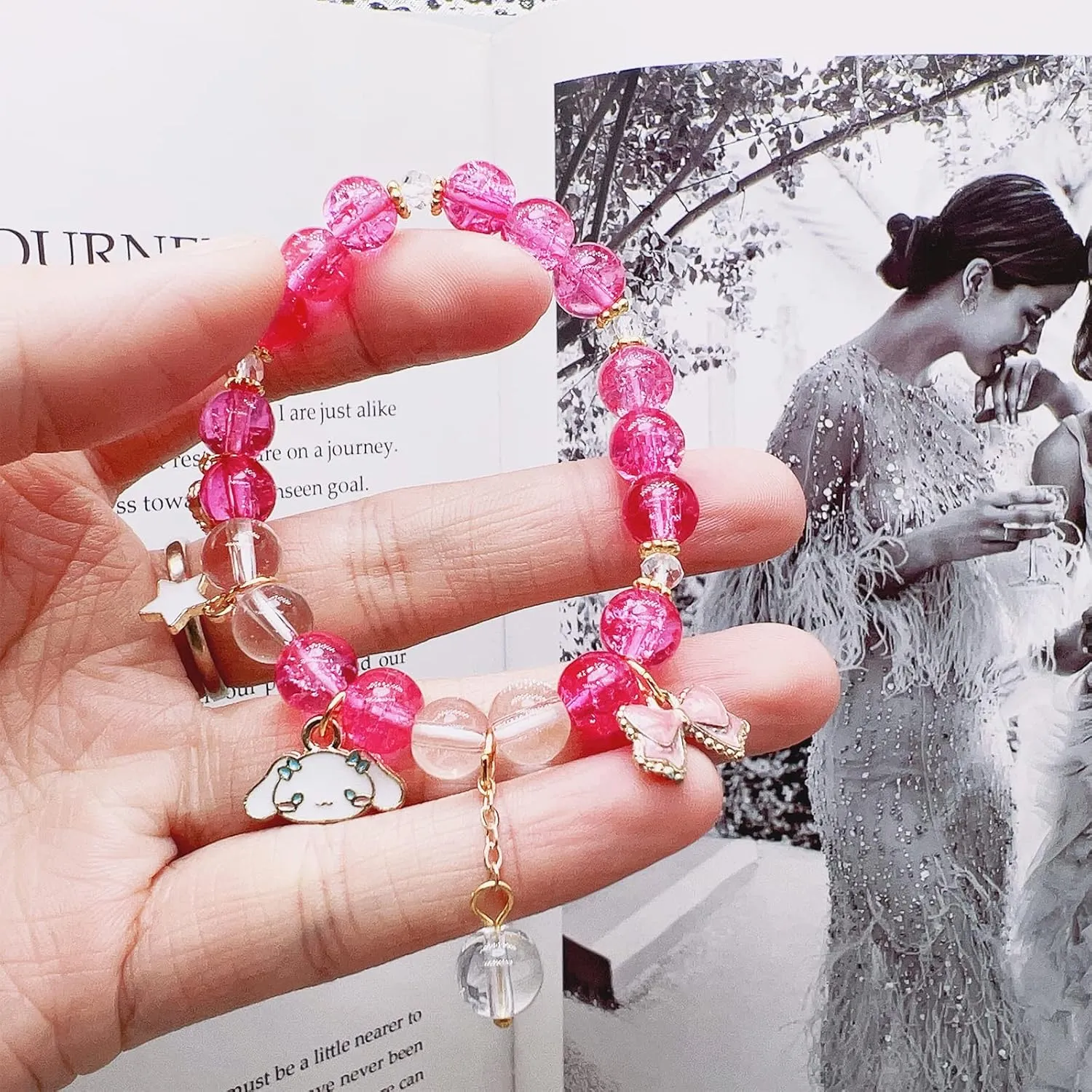 CJIAYUJEW Cute Bracelet Crystal Pearl Bracelets, Anime Elastic Stretch Crystal Bead Bracelet Lovely Cartoon Elastic Beaded Bracelets for Women