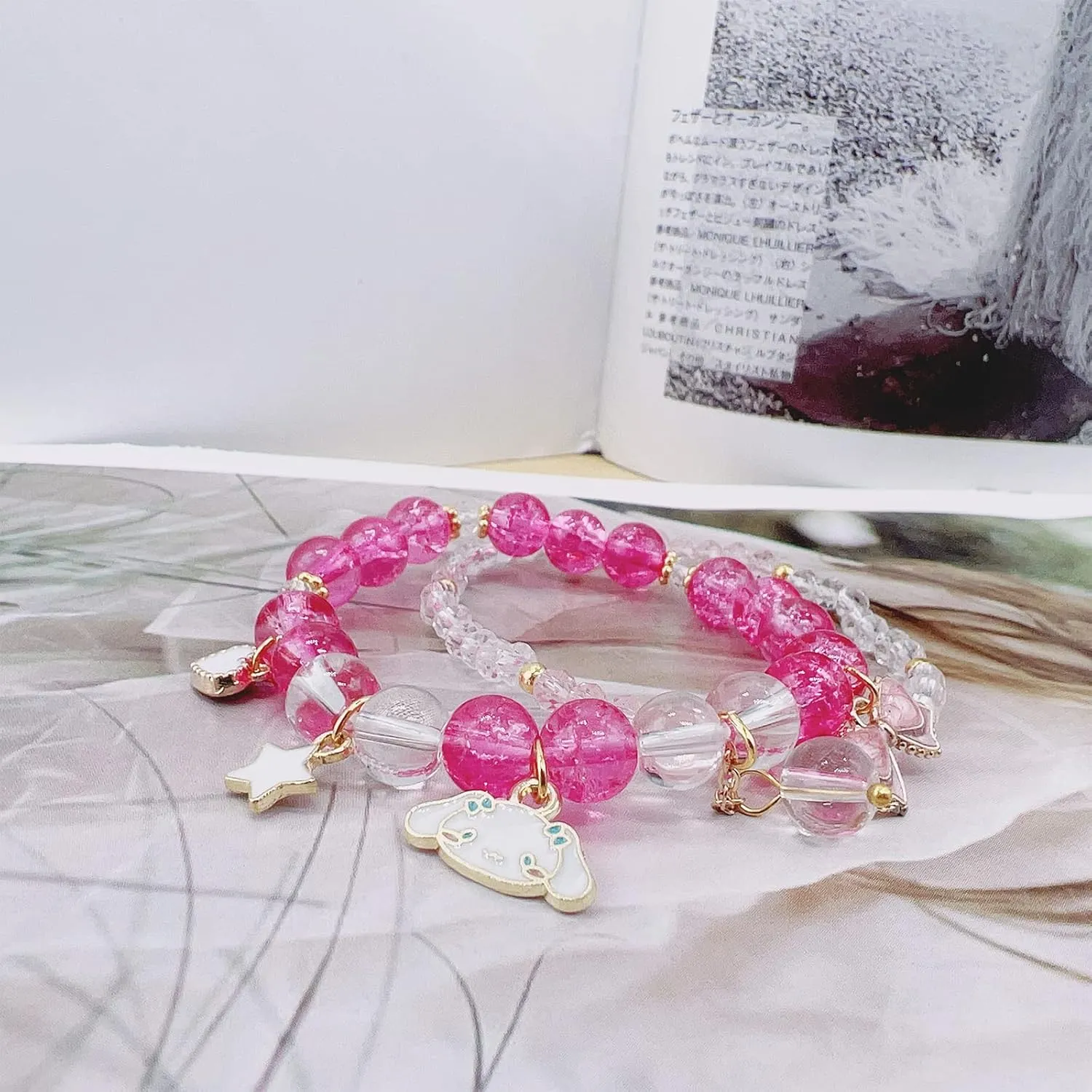 CJIAYUJEW Cute Bracelet Crystal Pearl Bracelets, Anime Elastic Stretch Crystal Bead Bracelet Lovely Cartoon Elastic Beaded Bracelets for Women