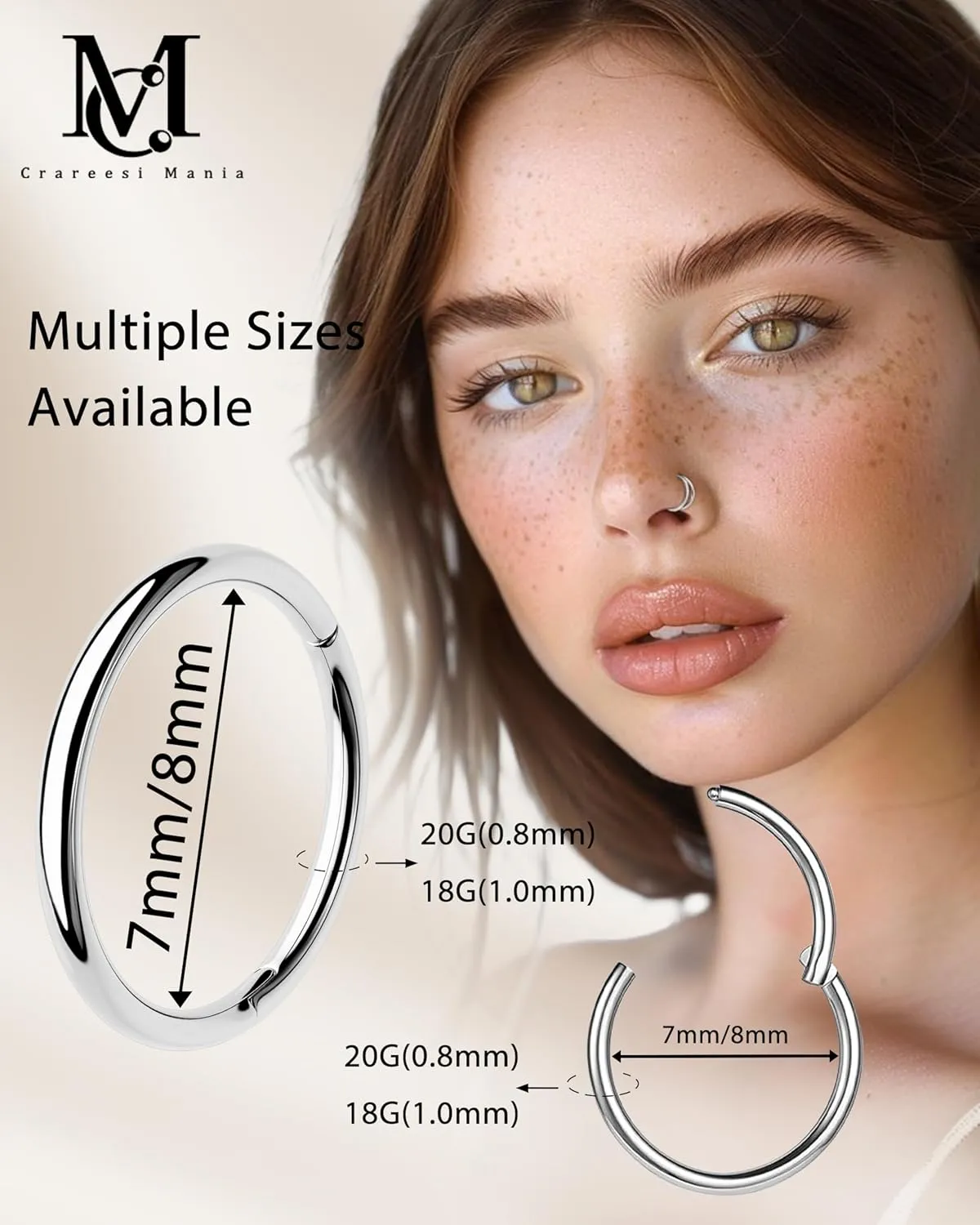 CM Crareesi Mania Triple/Double Hoop Nose Ring - 3Pcs Septum Rings Clicker 316L Stainless Steel Conch Piercing Jewelry Cartilage Earring Helix Rook Tragus