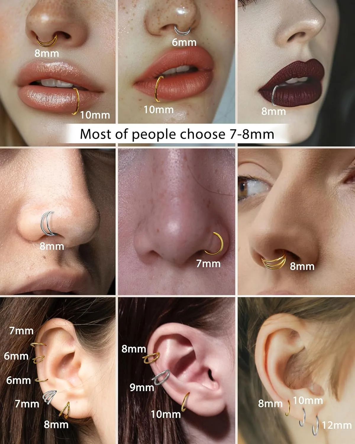 CM Crareesi Mania Triple/Double Hoop Nose Ring - 3Pcs Septum Rings Clicker 316L Stainless Steel Conch Piercing Jewelry Cartilage Earring Helix Rook Tragus