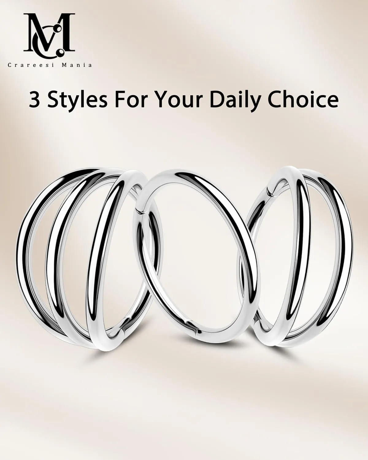 CM Crareesi Mania Triple/Double Hoop Nose Ring - 3Pcs Septum Rings Clicker 316L Stainless Steel Conch Piercing Jewelry Cartilage Earring Helix Rook Tragus